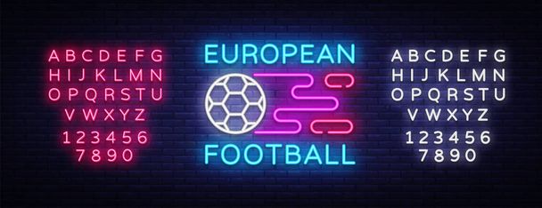 Wektor znak Neon europejskiej piłki nożnej. Piłka nożna Logo neon, godło szablon projektu, symbol online soccer, transparent światło, jasne noc piłka nożna reklama, neonowy szyld. Wektor. Edycja tekstu neon znak - Wektor, obraz
