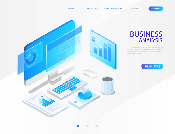 business analysis system, isometric blue light concept. there are computer laptop and graph screen. vector illustration - Вектор,изображение