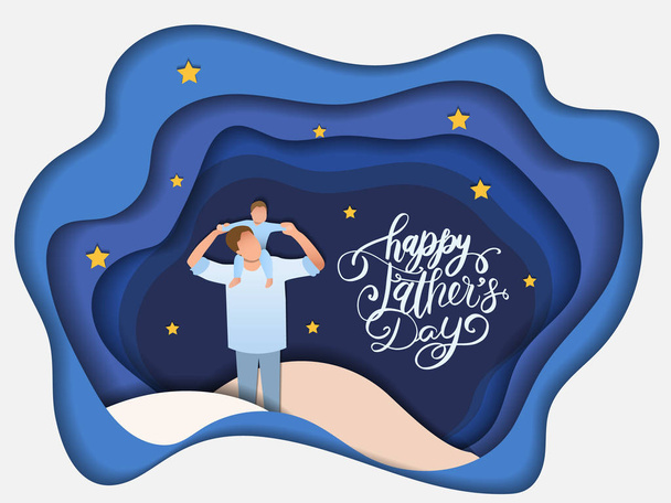 Son on his father shoulders on the night sky, happy international father's day concept, can be use for card, poster, website, brochure background. vector illustration - Вектор,изображение