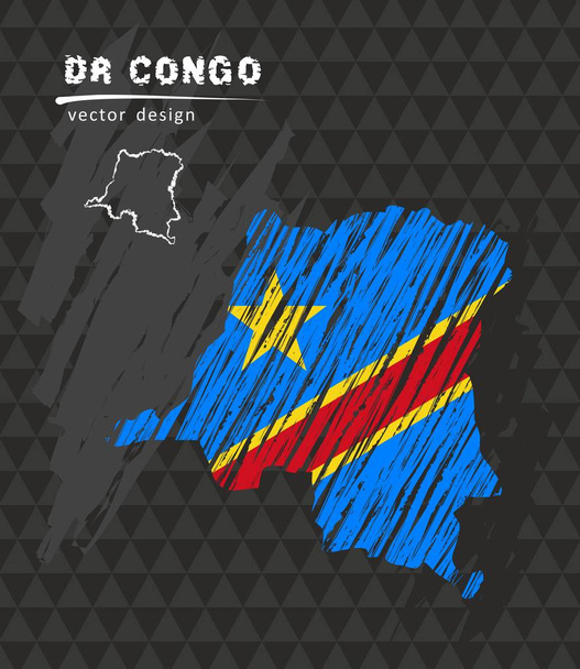 Mapa vetorial nacional da República Democrática do Congo com a bandeira de giz do esboço. Desenho giz mão ilustração desenhada
 - Vetor, Imagem