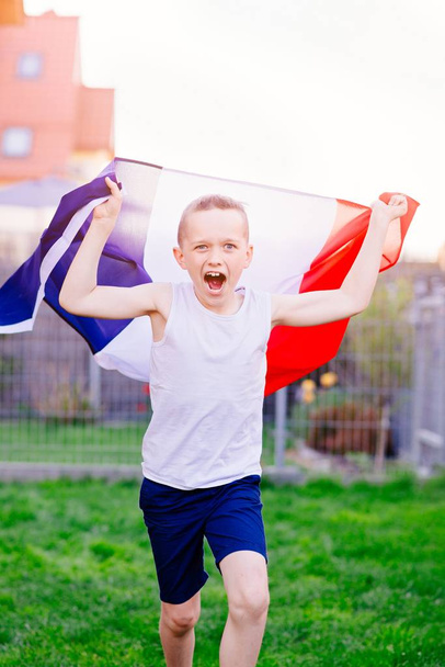 Šťastné dítě chlapec s Francie Státní vlajka. Francouzský fotbalový fanoušek - Fotografie, Obrázek