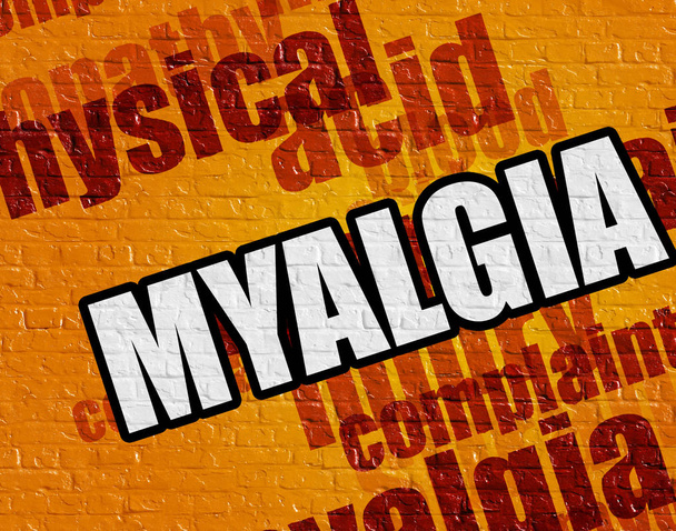 modernes Medizinkonzept: Myalgie an der gelben Wand . - Foto, Bild