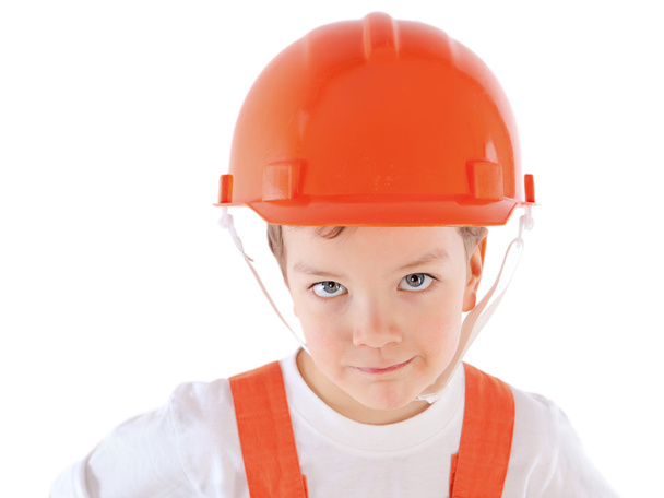 Portrait of boy in orange helmet, insulation - Zdjęcie, obraz