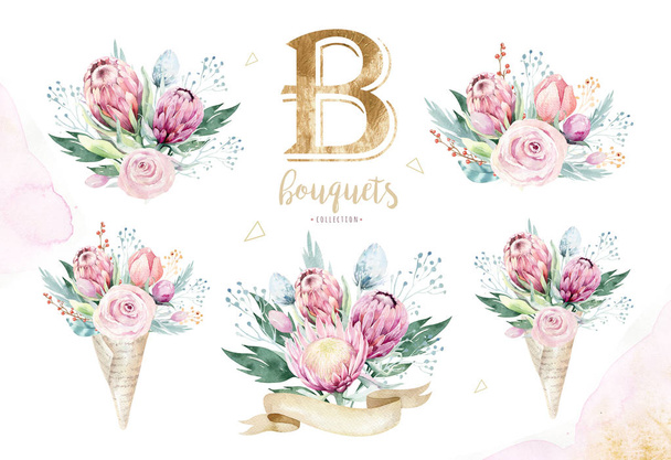 Hand drawing isolated watercolor floral illustration with protea rose, leaves, branches and flowers. Bohemian gold crystal frame. Elements for greeting wedding card. - 写真・画像