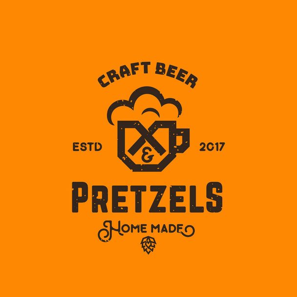 Craft Beer and Pretzels Abstract Vector Retro Symbol or Logo Template. Vintage Typography Premium Sign with Shabby Texture. Glass with Foam and Bagel Creative Emblem. - Vector, Image