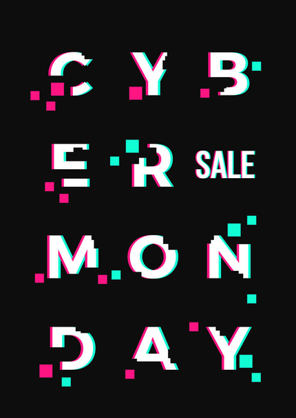 Cyber Monday Sale Abstract Vector Card or Poster Template. Modern Typography, Pixels and Glitch Effect. Electronics Disqount Offer Banner. - Vector, Image