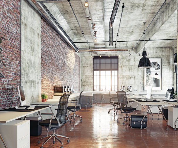 Detail view of modern coworking loft office, 3d rendering concept. - Photo, Image