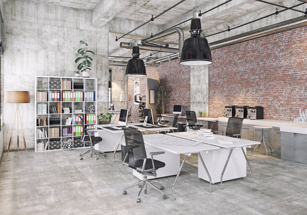 Observación de la vista de la oficina moderna loft coworking, 3d concepto de representación
. - Foto, Imagen
