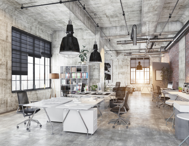 Modern coworking görünümünü gözlemleyerek çatı ofis, 3d render kavramı. - Fotoğraf, Görsel