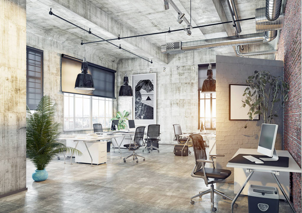 Modern coworking görünümünü gözlemleyerek çatı ofis, 3d render kavramı. - Fotoğraf, Görsel