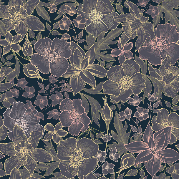 Floral seamless pattern on dark background  - Διάνυσμα, εικόνα