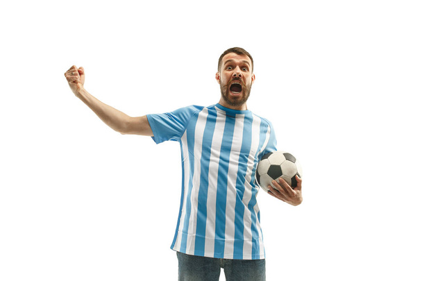 The Argentinean soccer fan celebrating on white background - Фото, зображення