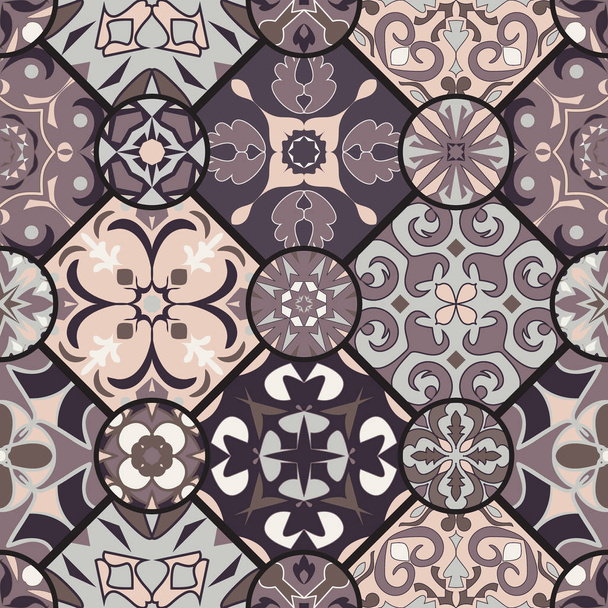 Vector seamless texture. Mosaic patchwork ornament with rhombus tiles. Portuguese azulejos decorative pattern - Vector, Image
