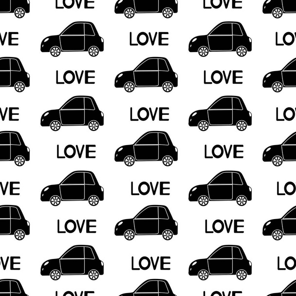 nahtloses Muster mit schwarzen Autos und Worten Liebe. Vektorillustration - Vektor, Bild