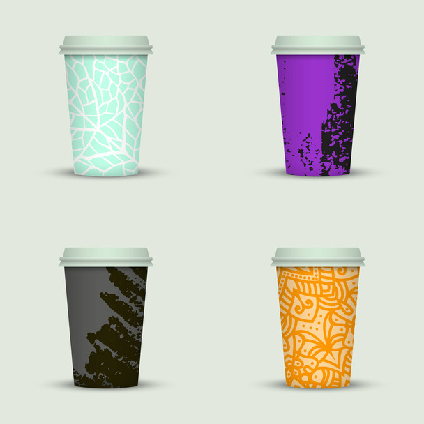Set of watercolor take away coffee cups design. - Vetor, Imagem