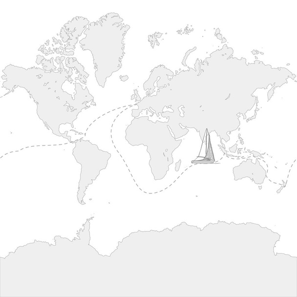 Weltkarte mit Reiseroute und Boot. handgezeichnetes Vektorsymbol. - Vektor, Bild