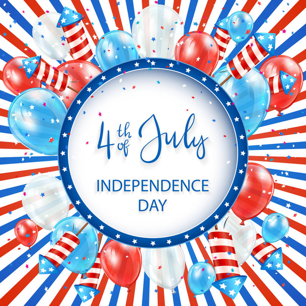 Independence day striped background with round banner, balloons and rocket fireworks, illustration. - Wektor, obraz