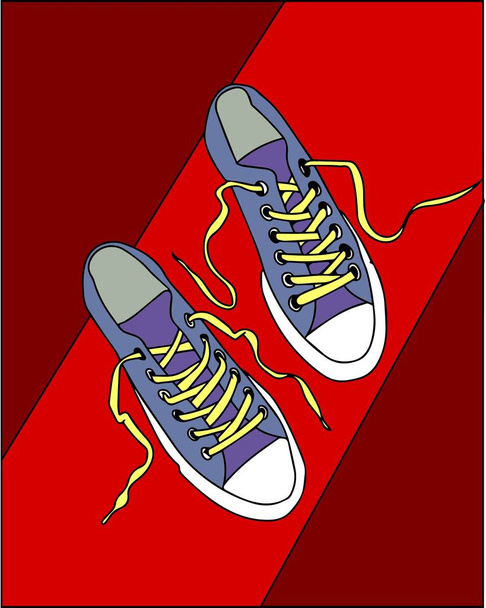 vektör çizim. kırmızı zemin üzerine mavi spor ayakkabı - Vektör, Görsel
