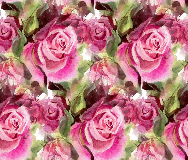 Seamless pattern with watercolor roses. Hand-drawn illustration.  - Fotografie, Obrázek