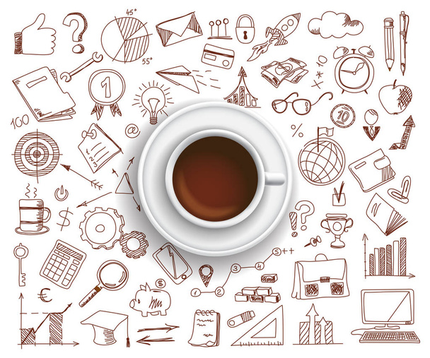 ilustração vetor de design desenhado à mão, xícara de café com conjunto de ícones de negócios em estilo doodle, para design gráfico e web
 - Vetor, Imagem