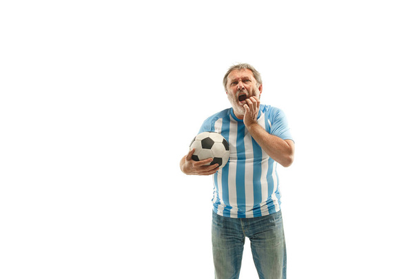Nieszczęśliwy i smutny Argentyńczyk wentylator na białym tle - Zdjęcie, obraz