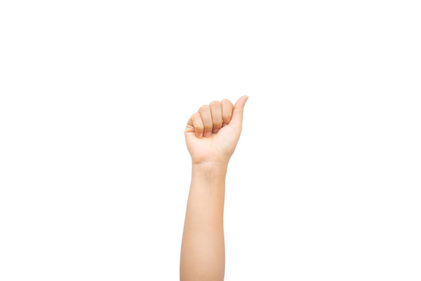 Рука жінки, що показує кулак як камінь паперовий знак на білому тлі
 - Фото, зображення