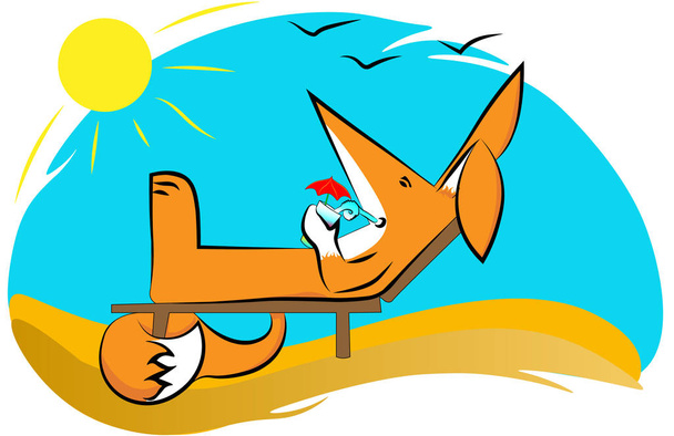 Fox sunbathing lying on a deckchair, drinking a soft cocktail under the sun and singing gulls. - Vector, Image