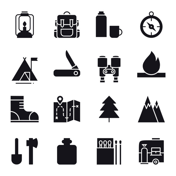 Hiking and Camping Icons Set. Outdoor Camp Sign and Symbol. Backpacking Adventure. - Vector, Image