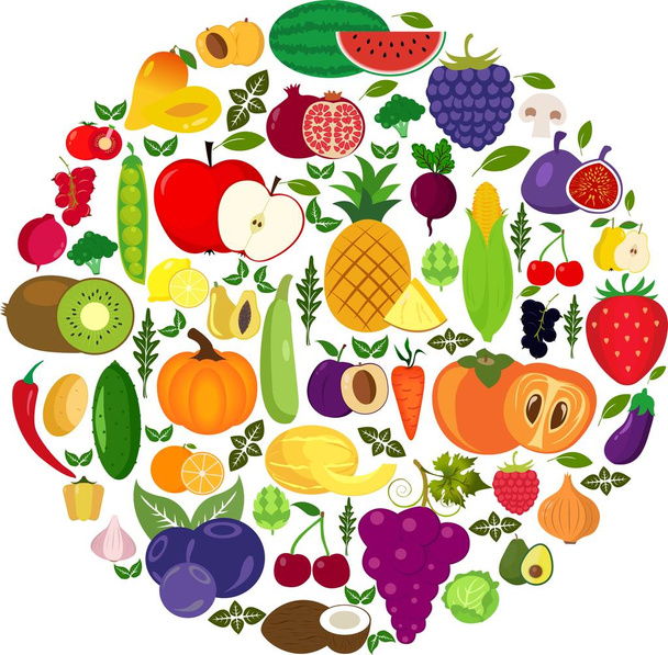 Set of fruits and vegetables.Organic food icons vector illustration - Vector, Image