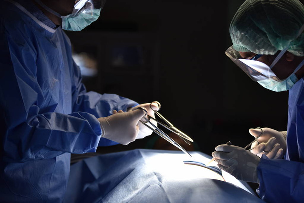 Χειρουργός ομάδας στο χειρουργείο. Χειρουργικό φως στο χειρουργείο. Προετοιμασία για την έναρξη χειρουργικής επέμβασης με κόψιμο. Ο χειρουργός χειρουργεί τον ασθενή.. - Φωτογραφία, εικόνα