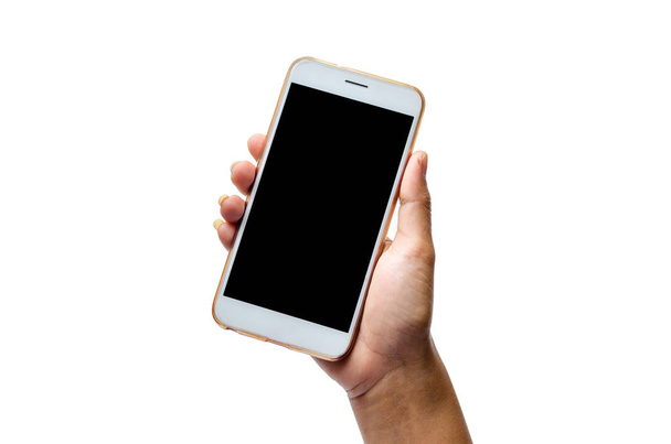 Mock up of a man holding device and touching screen. Clipping path White background Touch screen mobile phone, in hand - Photo, Image