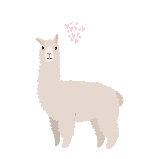 Cute vector flat illustration. Isolated llama with cloud of hearts. - ベクター画像