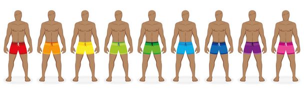 Badehose. Regenbogenfarbene Kollektion von Beachwear für neun Männer - rot, orange, gelb, grün, blau, lila, pink. isolierte Vektordarstellung auf weißem Hintergrund. - Vektor, Bild