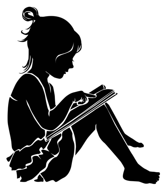 Black and white silhouette cute little girl reading book - Vector, afbeelding