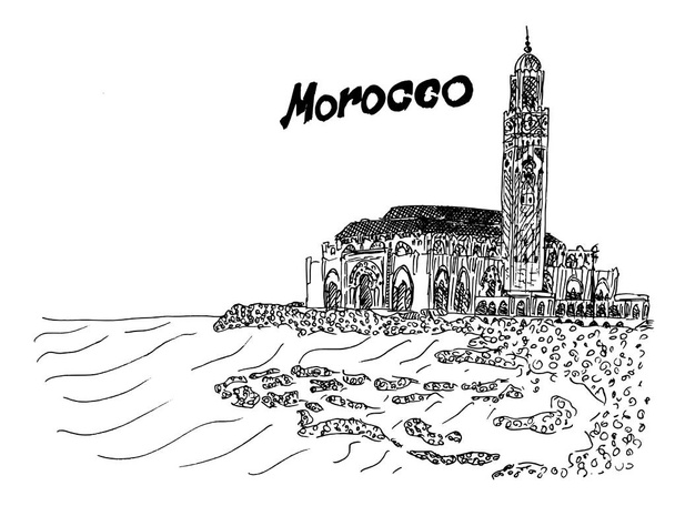Marokko zwart-wit afbeelding tempel op de kust vector beurs - Vector, afbeelding