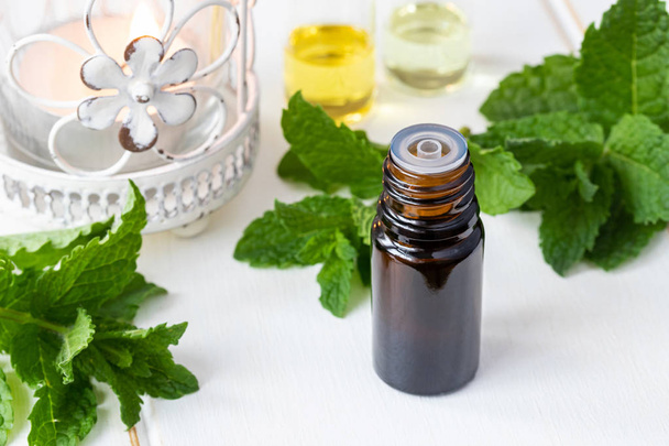 Una botella de aceite esencial con hojas de menta fresca sobre fondo blanco
 - Foto, imagen