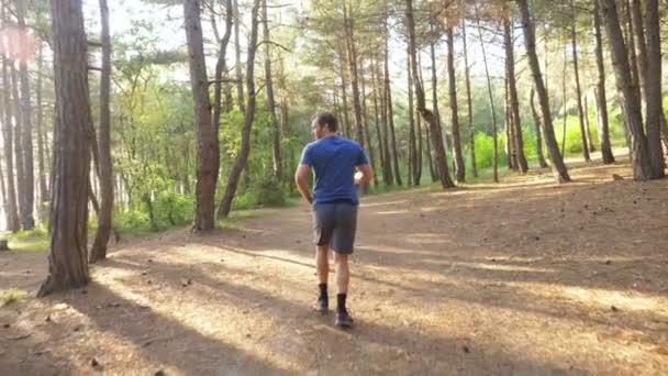 man loopt weg op een parcours in het zonnige zomer bos. motivatie voor sport activiteiten buitenshuis, trainen en oefenen in de prachtige natuur. zonne-schittering, slow-motion 4k, steadicam schot - Video