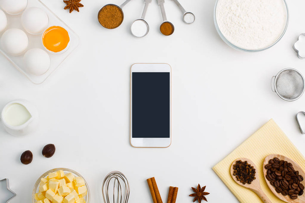 Kitchen baking mobile phone application service website mockup with eggs, - 写真・画像
