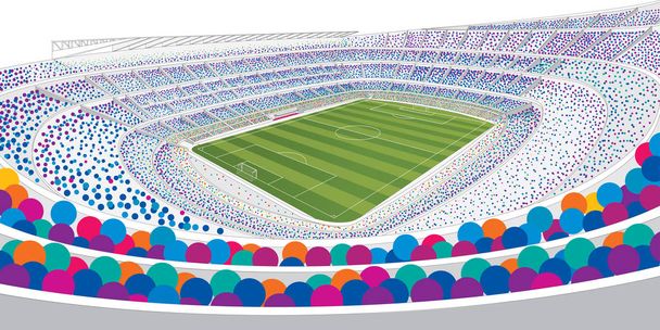 白のサッカー スタジアムのパノラマ ビューの図面は、大規模な形式のワイド アングル ビューで白い背景にカラフルな人々 でいっぱい。ベクトル図 - ベクター画像