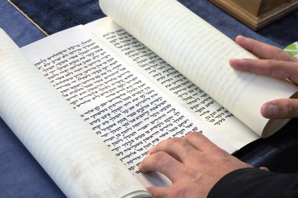 ユダヤ教のラビがプリムのユダヤ教の祝日に、メギッラー スクロール (Esther の本) を読み取り. - 写真・画像
