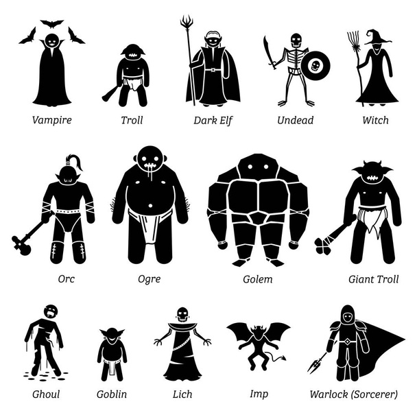 Antico fantasy medievale personaggi malvagi, creature, e mostri icona set. Illustrazione vettoriale di antichi personaggi malvagi fantasy del Medioevo
.  - Vettoriali, immagini