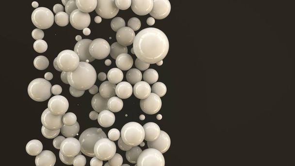 White spheres of random size on black background. Abstract background with circles. Cloud of circles in front of wall. 3D rendering illustration - 写真・画像