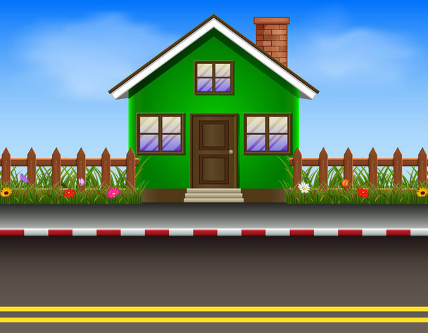 Maison verte avec clôture en bois et route
 - Vecteur, image