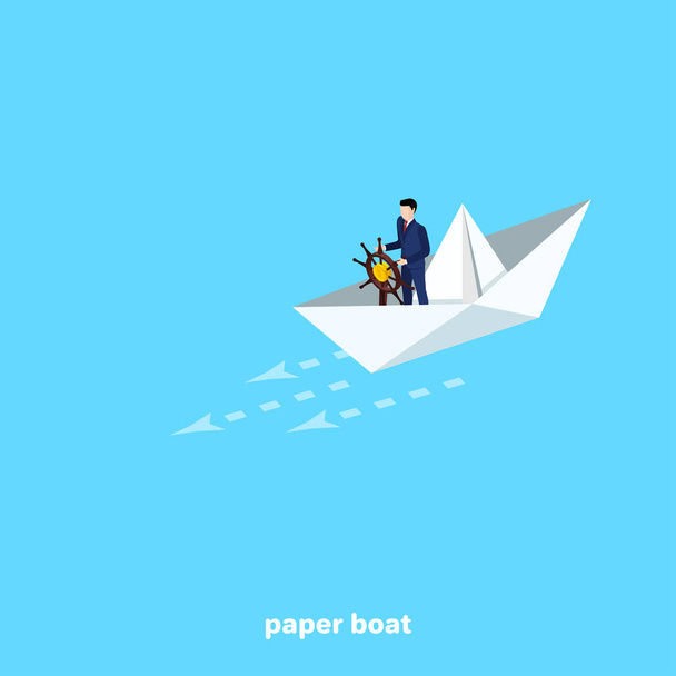 un hombre de traje de negocios navega en un barco de papel con un volante en las manos, una imagen isométrica
 - Vector, Imagen