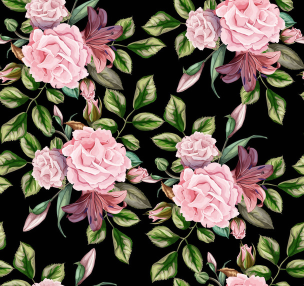 vector rosa flor flor hoja patrón sin costura
 - Vector, imagen