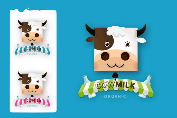 Set di modelli vettoriali di progettazione del logo della fattoria del latte vaccino. Etichetta, adesivo, icona. Simbolo per latte e scremato. Grafica web, banner, pubblicità, brochure, modelli di business. Isolato su sfondo blu
 - Vettoriali, immagini
