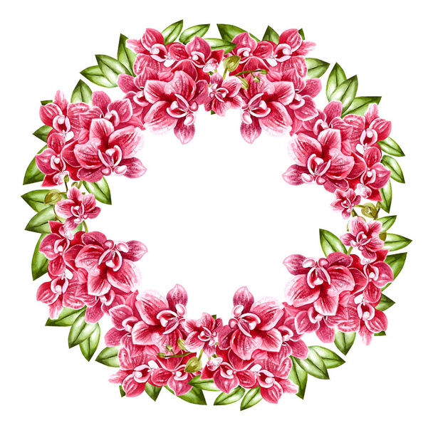 Beautiful, bright watercolor wreath with orchids.  - Zdjęcie, obraz
