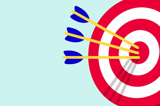Red white target with arrows in the bullseye with shadows on it. Goal achieving symbol icon sign vector banner illustration isolated on light blue background flat style design - Vector, Image