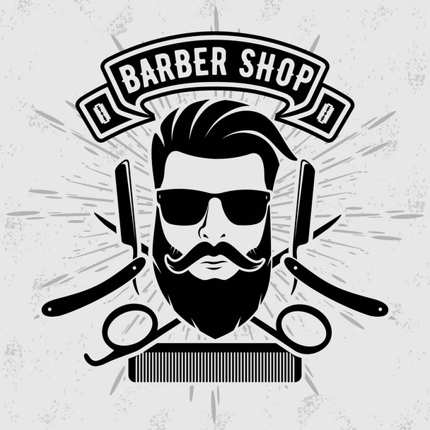 Barber shop évjárat címke, jelvény, vagy a jelképet a szürke háttér. Vektoros illusztráció - Vektor, kép