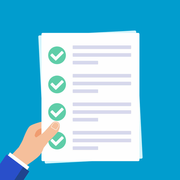 Hands holding papers with claim form on it, paper sheets, check marks tick OK  in the circle on the list isolated on light blue background flat vector illustration. Concept of succesfull check list - Vector, Image